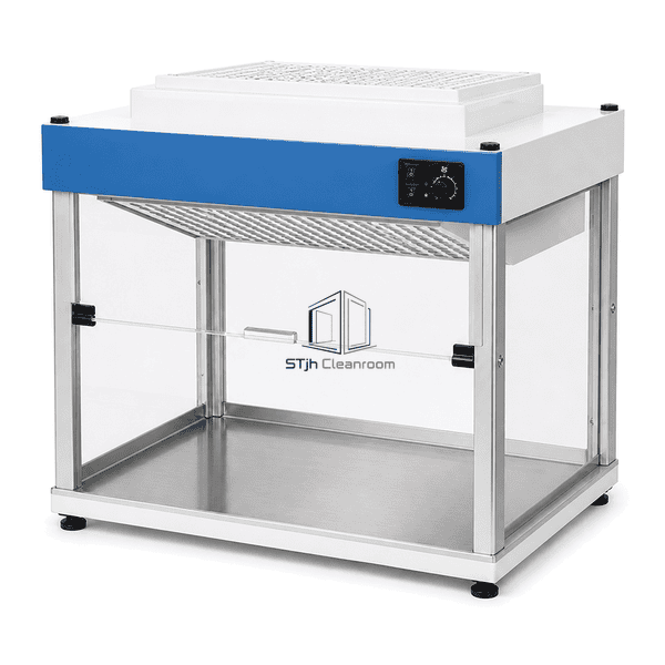 Compact benchtop laminar flow hood on a stainless work surface