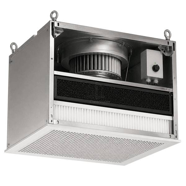 Chemical filter FFU in complete three-quarter view showing fan and media stages