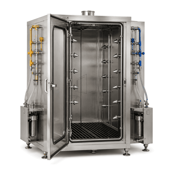 Chemical protective-suit decontamination shower with stainless chamber and dosing skid