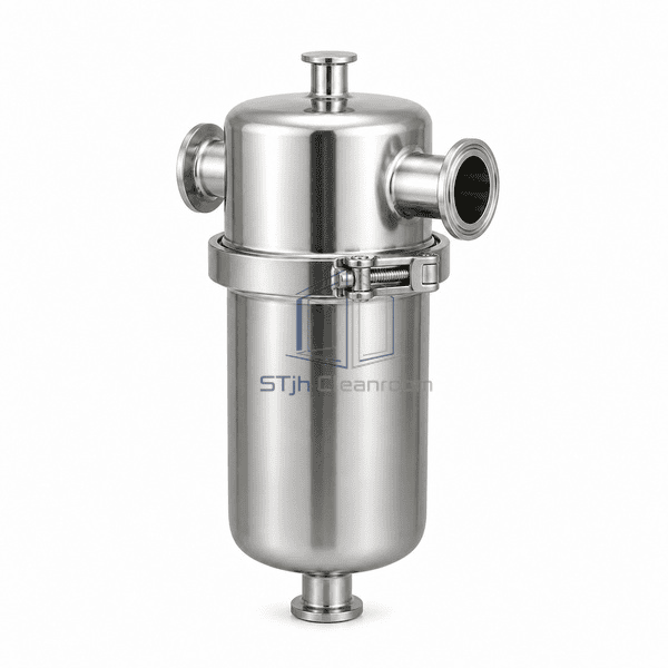 Clean steam filter right-side view highlighting the long 316L cartridge bowl, outlet ferrule and low-point drain