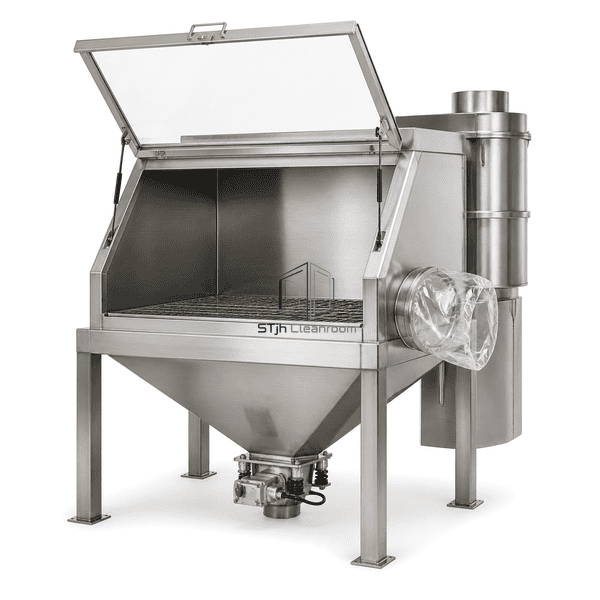 Stainless cleanroom bag dump station with enclosed loading hood