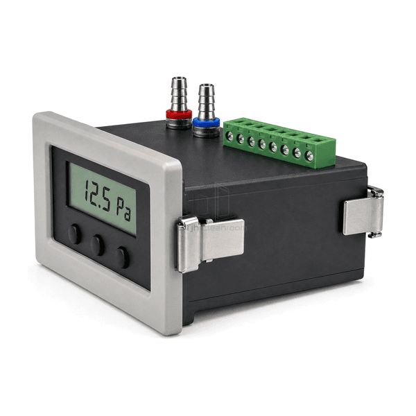 Rear three-quarter view of the entire digital gauge with recessed high-low pressure fittings and removable relay-signal terminal clearly exposed