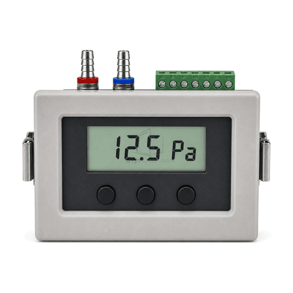 Front view of digital cleanroom pressure gauge showing signed pascal value