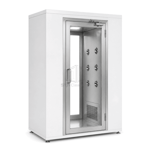 Three-quarter view of a double-sided single-person cleanroom air shower