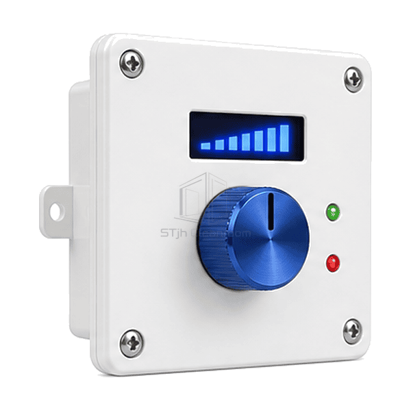 Three-quarter view of white EC FFU speed controller with blue rotary knob and digital display