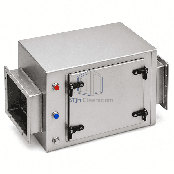 Exhaust HEPA filter housing complete elevated view emphasizing compression latches, pressure-test ports and the bolted duct flange joint