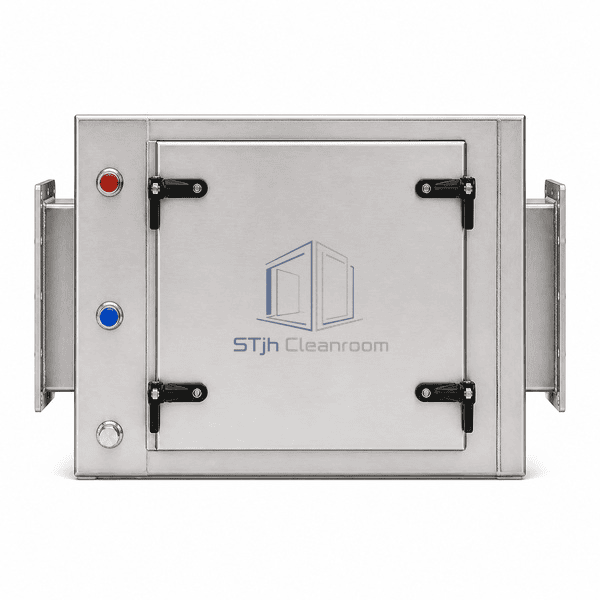 Exhaust HEPA filter housing complete service-side elevation showing one gasketed door, four black latches and red-blue pressure taps