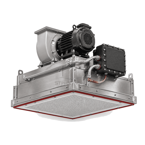 Three-quarter view of an explosion-proof fan filter unit with cast motor, sealed junction box and rigid conduit