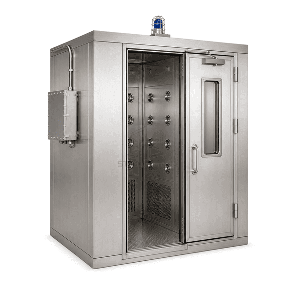 Complete reinforced stainless explosion-resistant cleanroom air shower in three-quarter view