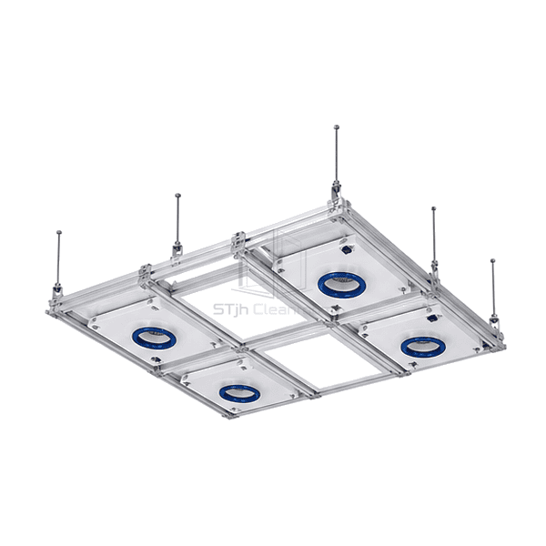 Three-quarter overhead view of a modular FFU ceiling grid with four blue inlet fan filter units