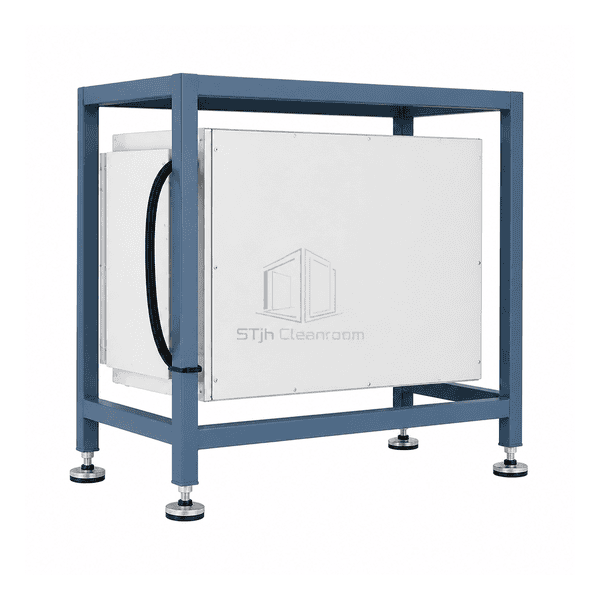 Complete rear view of the single floor-standing FFU showing the closed fan enclosure, cable conduit and support frame