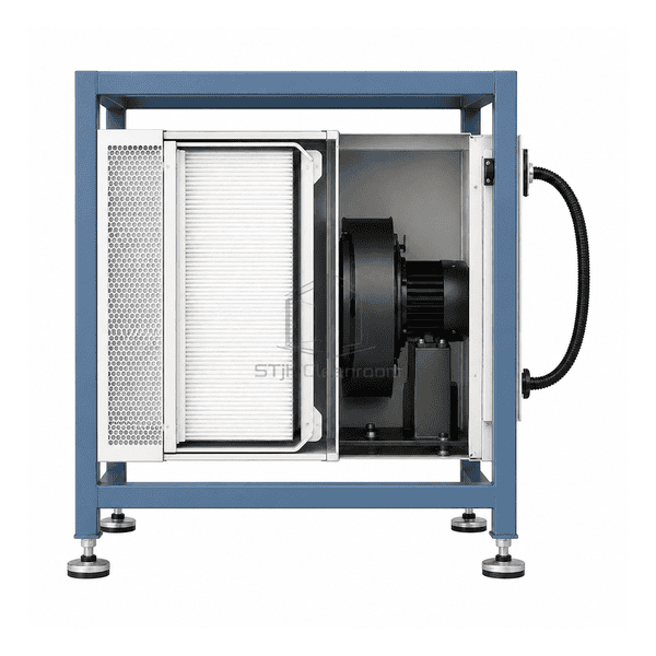 Complete side view showing the floor frame fan plenum HEPA panel and rear cable route