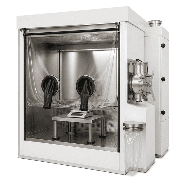 High-containment weighing booth with closed powder-transfer interfaces