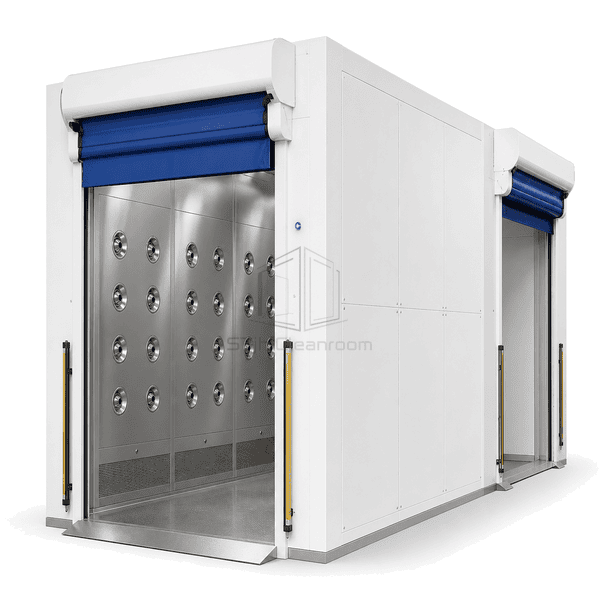 Complete cargo air shower with two high-speed roll-up door assemblies