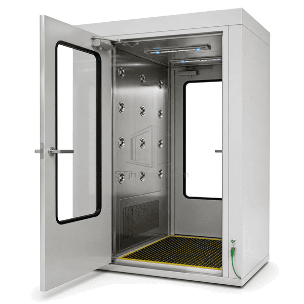Complete enclosed ionizing cleanroom air shower with open hinged doors