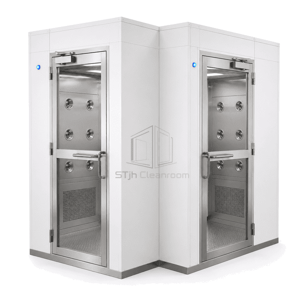 Complete L-shaped cleanroom air shower with adjacent entry and exit doors