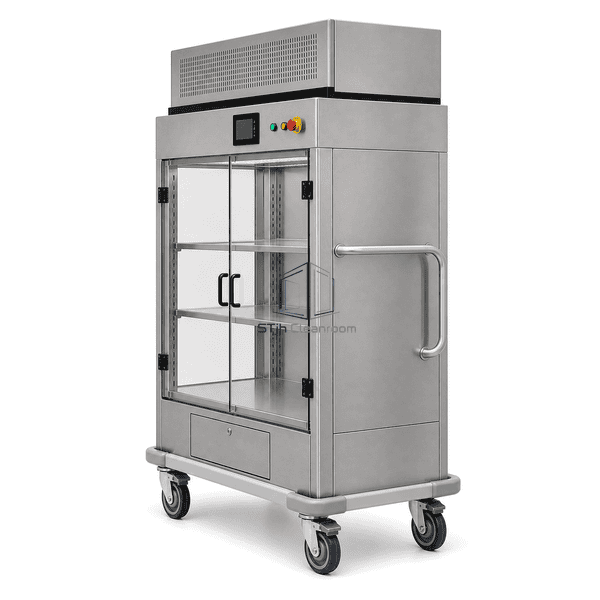 Side cutaway showing perforated shelves and vertical airflow path