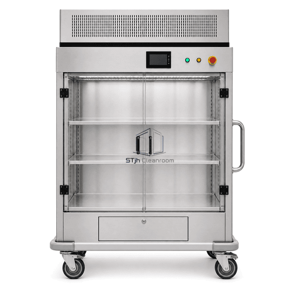 Front view of the HEPA transfer cart with stacked access doors