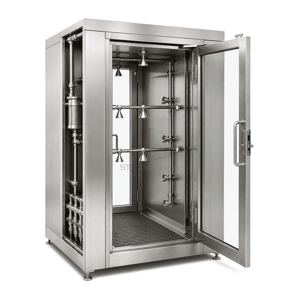 Complete low-flow suit wet-down shower with stainless chamber and dual doors