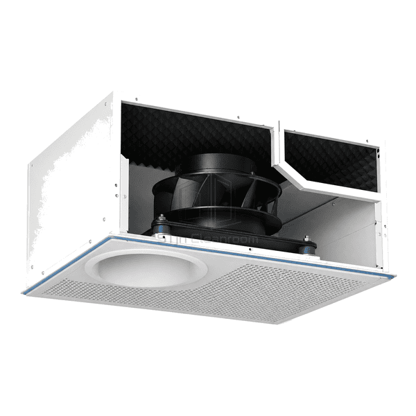 Three-quarter view of a low-noise fan filter unit with acoustic lining and isolated EC fan