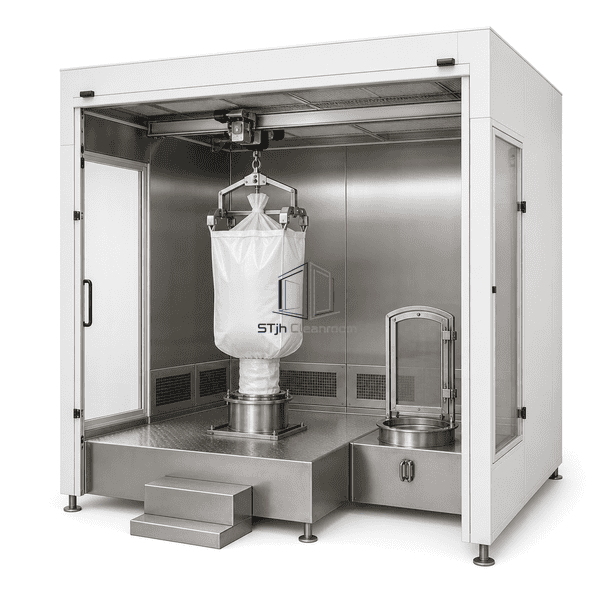 Material charging booth integrated around a process vessel inlet