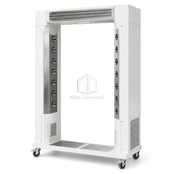 Complete doorless mobile ionizing personnel blow-off portal on a lockable wheeled base