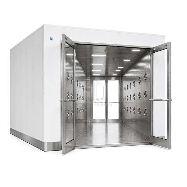 Large multi-person cleanroom air shower shown in complete three-quarter view