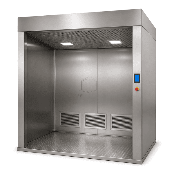 Negative-pressure pharmaceutical weighing booth in complete three-quarter view
