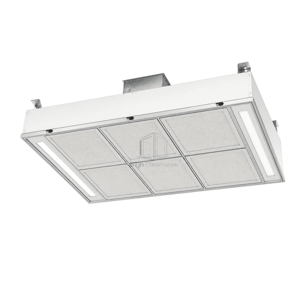 Operating room laminar flow ceiling complete underside three-quarter view with six HEPA diffusers and twin LED strips