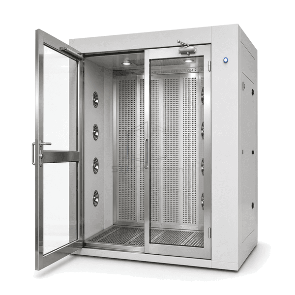 Complete enclosed personnel dust-removal cabinet in three-quarter view