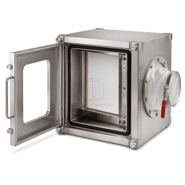 Open side view showing safety clamp and filter rack