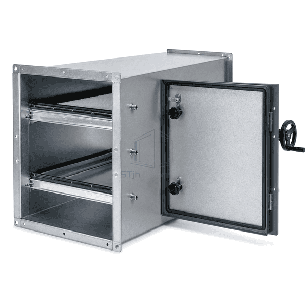 Open side door showing HEPA track and crank clamp
