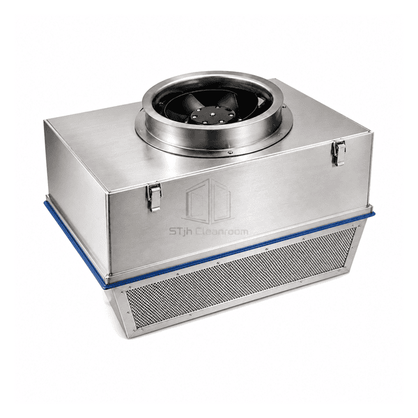 Three-quarter view of an all-welded brushed stainless steel fan filter unit