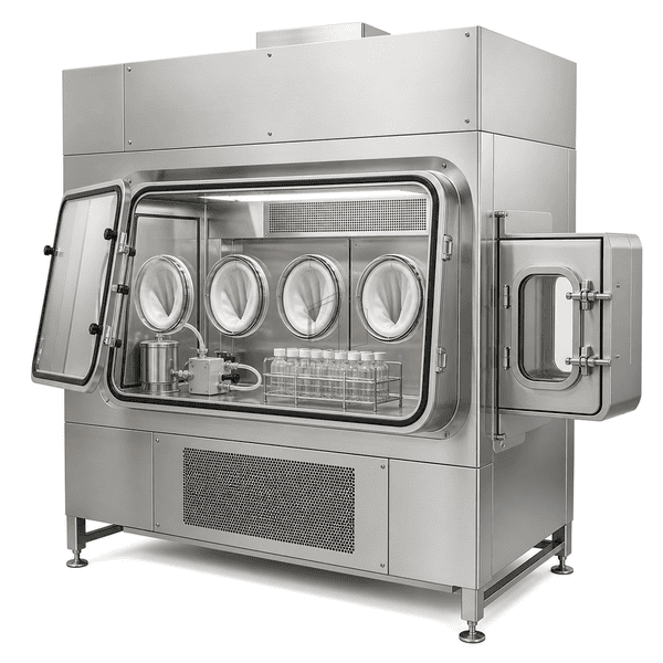 Complete sterility test isolator with open window showing gasket, pump and HEPA interfaces