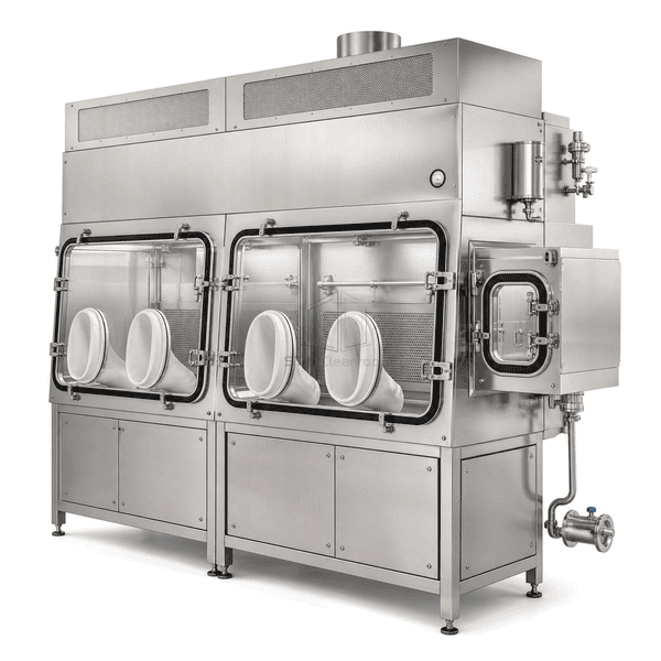 Pharmaceutical sterility test isolator side view with HEPA plenum and transfer chamber
