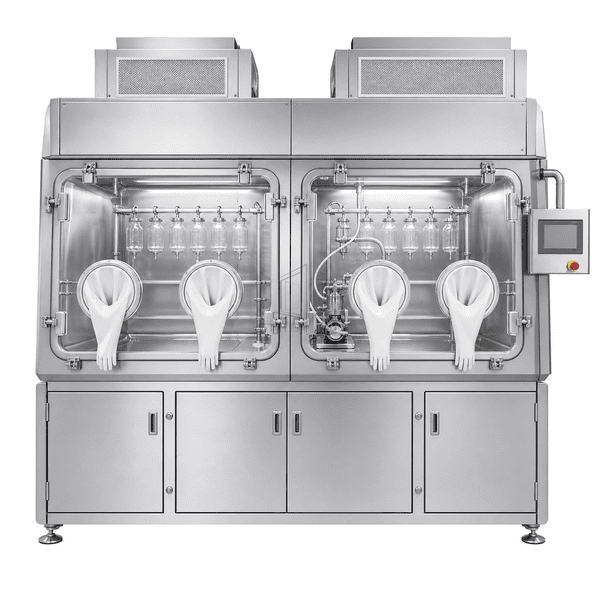 Sterility test isolator full front view showing filtration pumps and sample racks