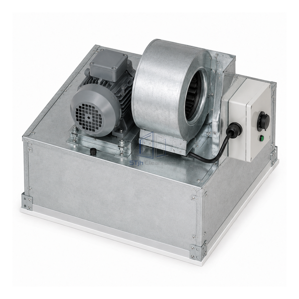 STJH 600 x 600 mm 120 V AC fan filter unit with a compact square housing on a white background
