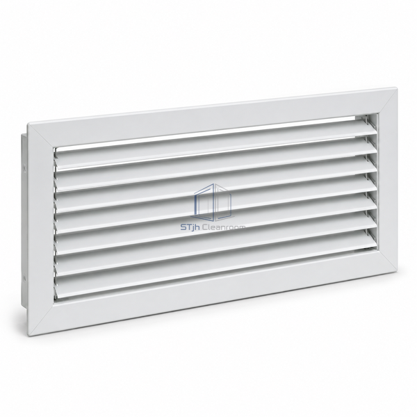 STJH-ADJUSTABLE-LOUVER-AIR-GRILLE-300X150-SD white-background main view of small single-bank white airfoil grille