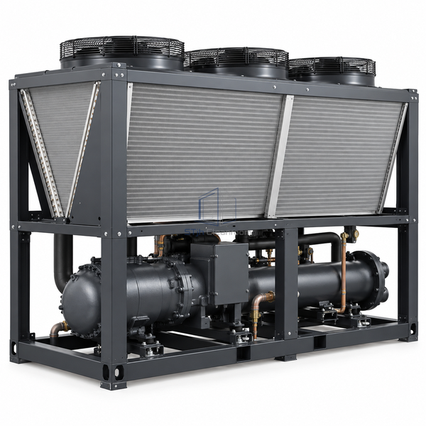 STjh 115-ton air-cooled screw chiller with a compact V-bank condenser chassis and screw compressor on white.