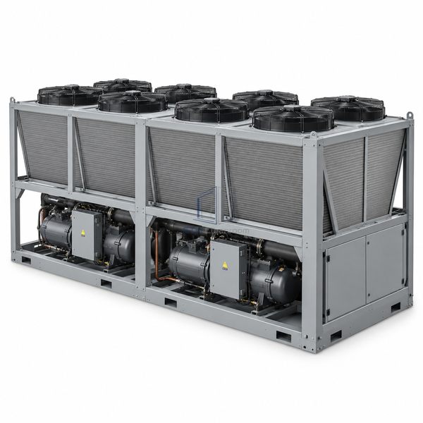 STjh 250-ton air-cooled screw chiller with multiple condenser modules and expanded compressor bays on white.