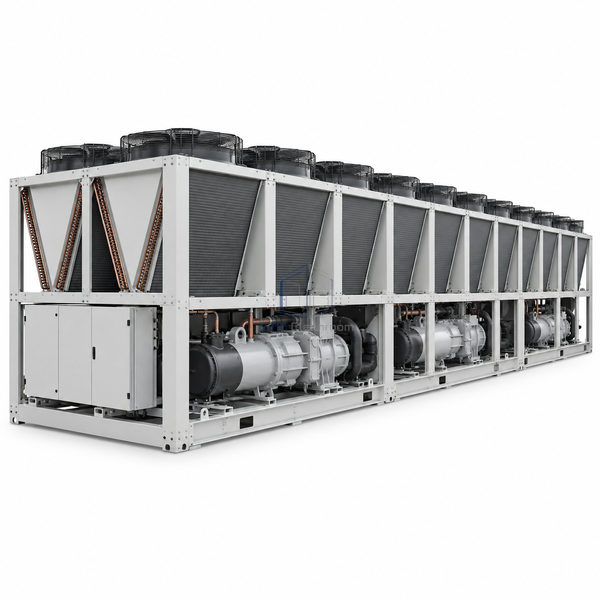 STjh 500-ton air-cooled screw chiller with a long multi-fan condenser platform and heavy compressor frame on white.