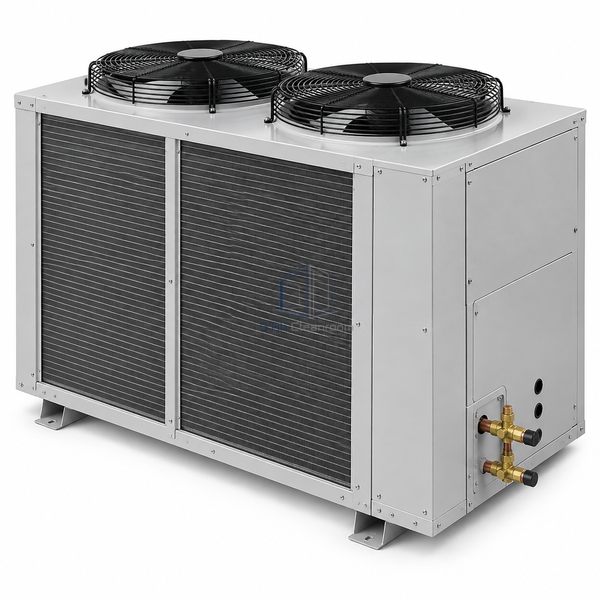 STjh 13.2 kW air-cooled condensing unit with a large twin-fan cabinet and expanded coil on white.