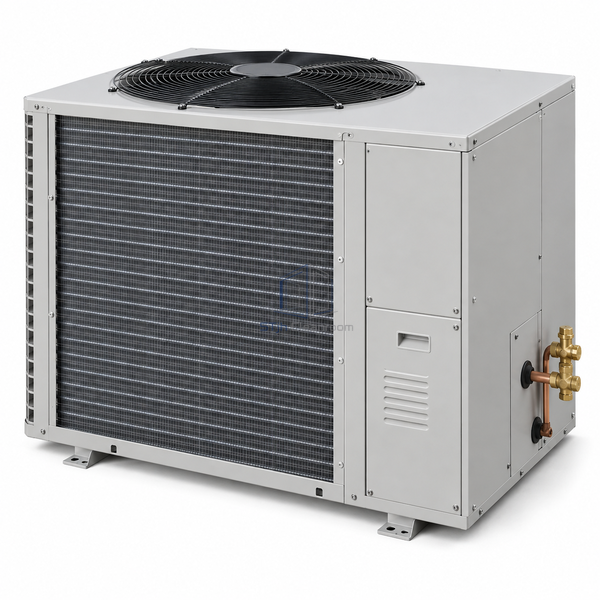 STjh 7.8 kW air-cooled condensing unit with an enlarged coil face and compressor bay on white.