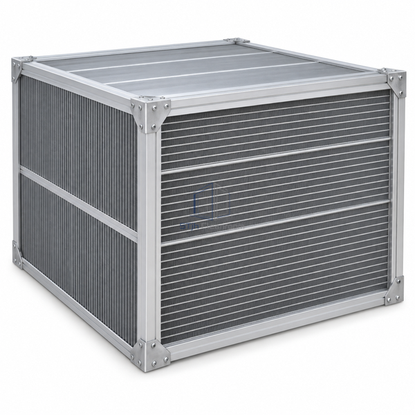 STjh 1200 mm air-to-air plate heat recovery unit with a large deep crossflow block and corner profiles on white.