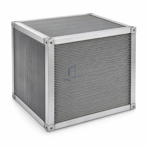 STjh 500 mm air-to-air plate heat recovery unit with a compact narrow aluminum crossflow core on white.