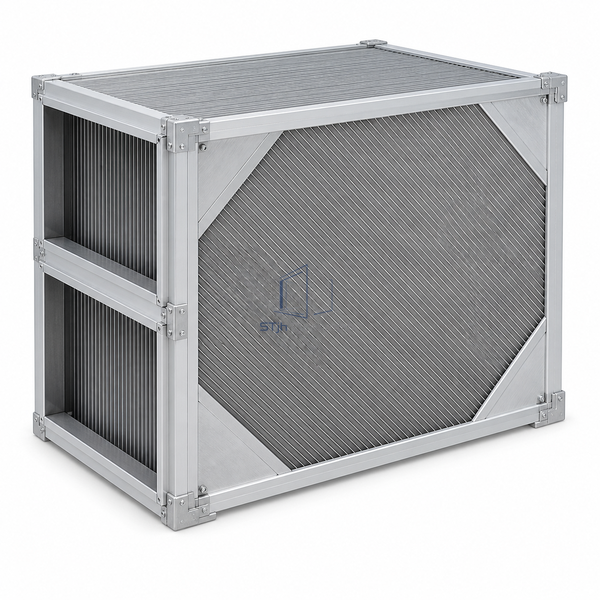 STjh 850 mm air-to-air plate heat recovery unit with a medium-width layered aluminum core on white.