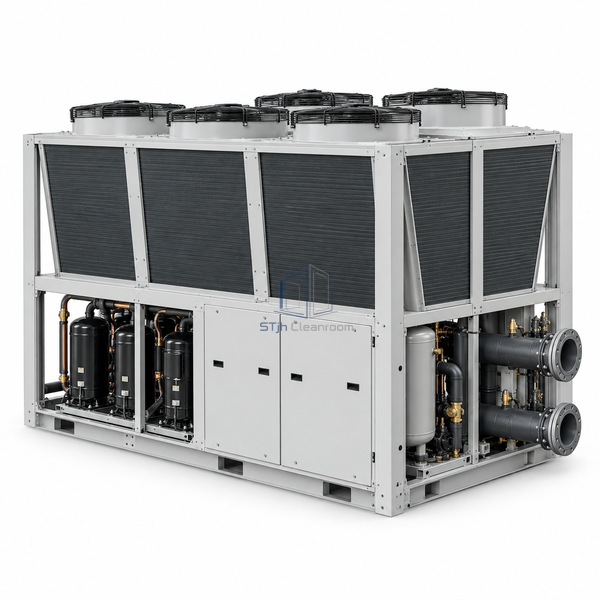 STjh 160 kW air-to-water heat pump with multiple fan modules and a large hydronic chassis on white.