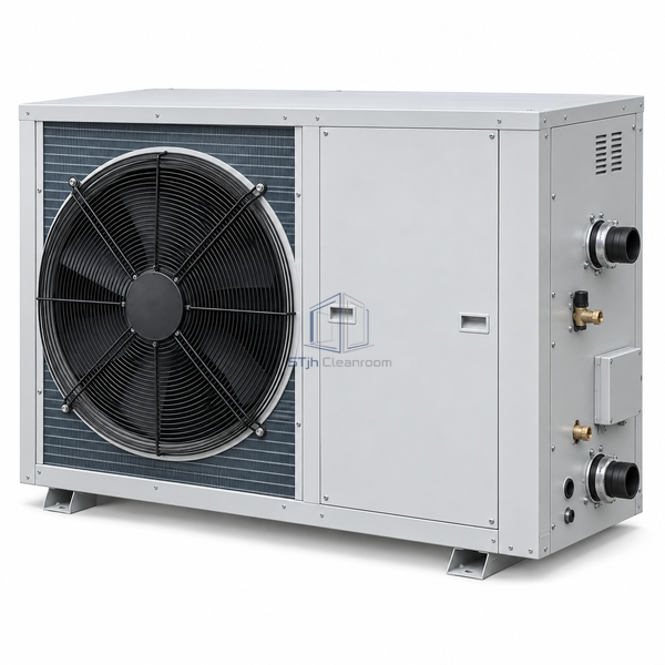 STjh 42 kW air-to-water heat pump with an enlarged coil cabinet and integrated hydronic compartment on white.