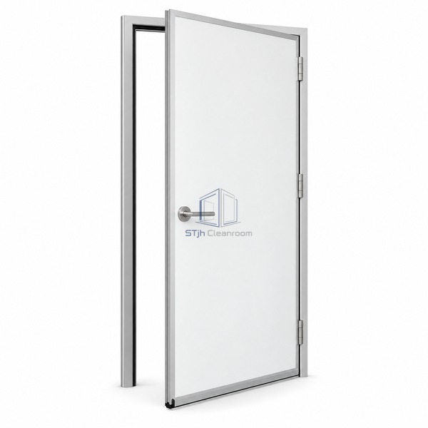 STjh three-side gasket and drop-bottom swing door on white, showing its clear threshold and bottom-seal housing.