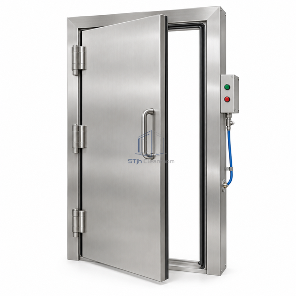 STjh four-side inflatable-seal stainless swing door on white with a perimeter gasket, pneumatic connection and control station.
